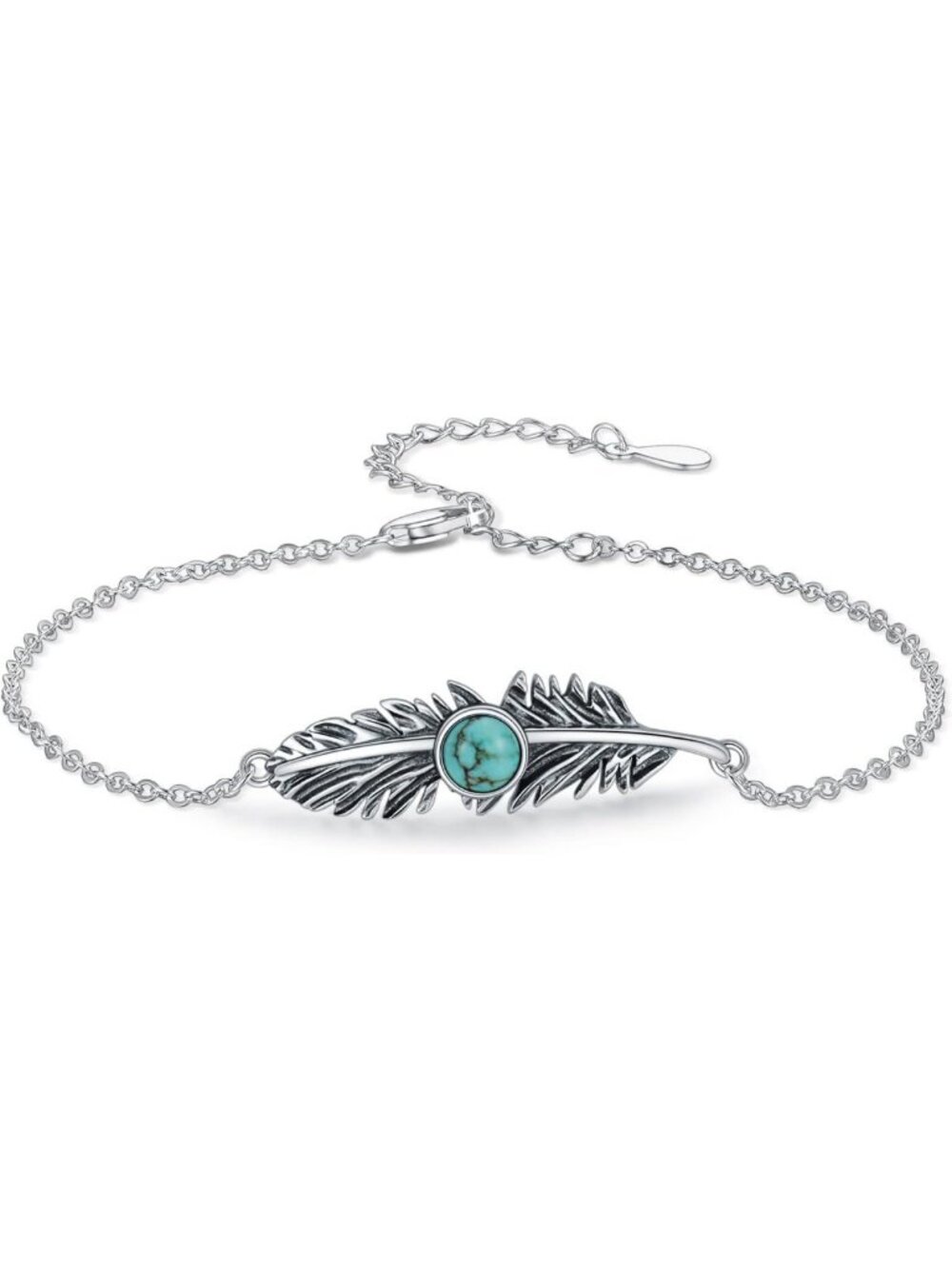 Turquoise Feather Bracelet for Women | Sterling Silver Adjustable Gemstone